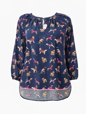 NWT Simply Southern Navy Cute Dog Print Top with Pink Trim Slight Hi Low Hem. XL